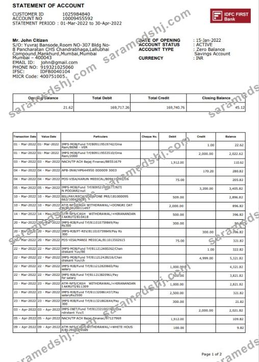 India IDFC First bank statement template, Word and PDF format, 2 pages